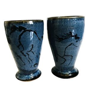 2 Kentucky Crafted Hand painted Pottery Horses Vase Cup Mug Goblet Blue MCM